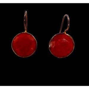 Margaret Elizabeth Gun Metal Color Red Stone Round Drop Earrings 1"